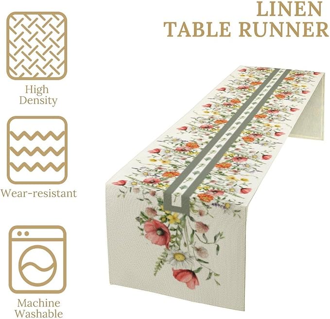 Watercolor Floral Table Runner, Red Wildflowers Botanical Nature Farmhouse Design Table Runner for Kitchen Dining Home Party, 13x90 Inch