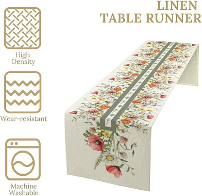 Watercolor Floral Table Runner, Red Wildflowers Botanical Nature Farmhouse Design Table Runner for Kitchen Dining Home Party, 13x90 Inch