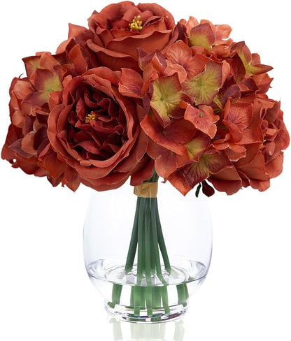 Burnt Orange Silk Peonies Artificial Flowers & Hydrangea in Glass Vase with Fake Water, Fake Austin Rose Bouquet with Vase for Fall Home Hotel Office Wedding Party Decor as Table Centerpieces & Gift