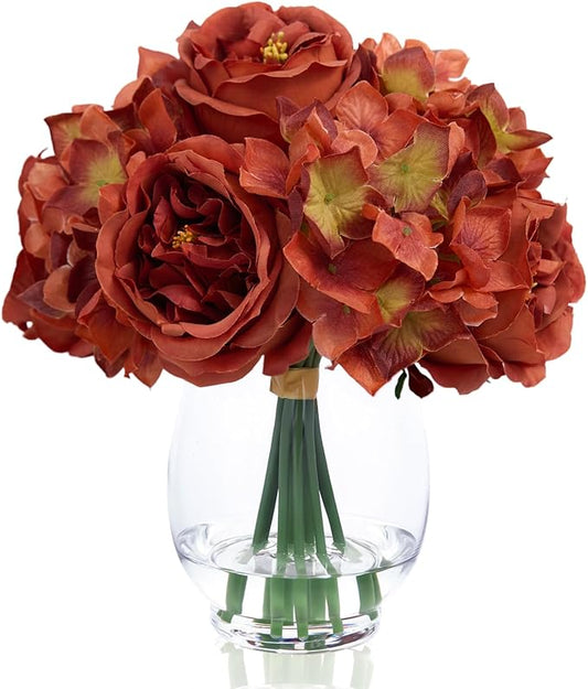 Burnt Orange Silk Peonies Artificial Flowers & Hydrangea in Glass Vase with Fake Water, Fake Austin Rose Bouquet with Vase for Fall Home Hotel Office Wedding Party Decor as Table Centerpieces & Gift