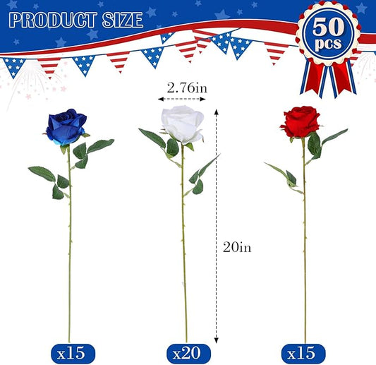 Hananona Artificial Roses in Bulk, Fake Velvet Silk Roses Realistic Roses for 4th July Wedding Centerpieces Independence Day Flower Arrangement Home Decor (50, Red, White, Blue)