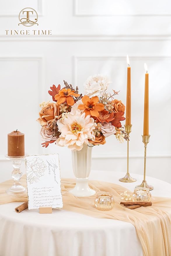 TINGE TIME Artificial Flowers Burnt Orange & Champagne Flower Combo for DIY Wedding Bouquets Table Centerpieces Arrangements Party Baby Shower Home Fall Decorations