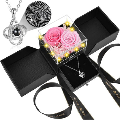 2 Preserved Rose Gift for Women - Eternal Rose with I Love You Necklace - Romantic Birthday Gifts for Girlfriend Mom Her Wife Grandma on Valentines Mothers Day Anniversary Christmas-Pink