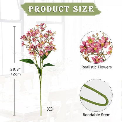 Hollyone Artificial Daphne Flowers with Long Stem 3Pcs Faux Pink Flowers 28.3” Fake Spring Silk Flowers Bouquet for Floral Arrangement Wedding Party Centerpiece Table Home Decor