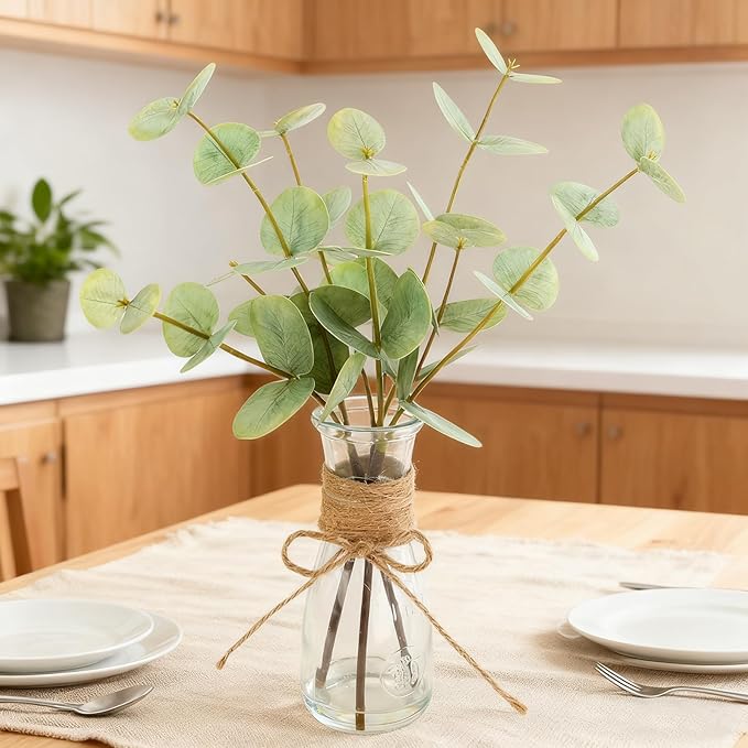 ALAGIRLS Artificial Eucalyptus Stems in Glass Vase with Faux Water,3pcs 13.77" Fake Eucalyptus Plant with Realistic Green Leaves,Plastic Plant Indoor Decor for Bathroom,Living Room,Office