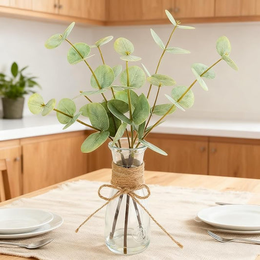 ALAGIRLS Artificial Eucalyptus Stems in Glass Vase with Faux Water,3pcs 13.77" Fake Eucalyptus Plant with Realistic Green Leaves,Plastic Plant Indoor Decor for Bathroom,Living Room,Office