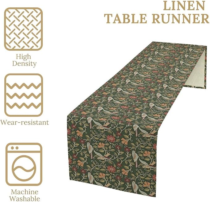 William Morris Table Runner, Vintage Boho Green Botanical Flowers Birds Tabletop Decoration for Kitchen Dining Indoor Outdoor Home Holiday Party, 13x36 Inch
