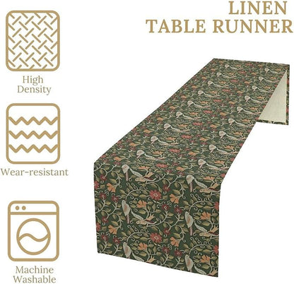 William Morris Table Runner, Vintage Boho Green Botanical Flowers Birds Tabletop Decoration for Kitchen Dining Indoor Outdoor Home Holiday Party, 13x60 Inch