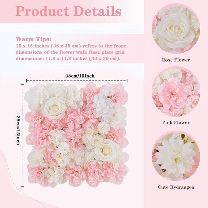 Pink Backdrop Flower Wall Panels: 3D Artificial Silk Floral Wall Panels for Wedding Birthday Decorations 24 Packs 15x15 Inches