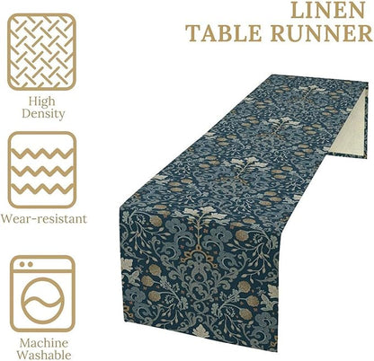 Vintage William Morris Table Runner, Rustic Country Farmhouse Blue Botanical Floral Boho Table Runner for Kitchen Dining Home Party Wedding, 13x120 Inch