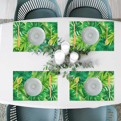 Green Summer Palm Leaf Placemats Set of 4 PVC Vinyl Non Slip Table Mats Waterproof Heat Resistant Place Mats Washable Wipeable Dining Table Mat for Kitchen Party Indoor Outdoor Decorative