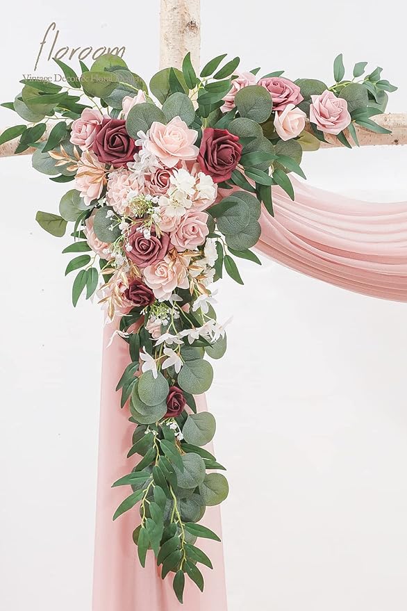 Floroom Arch Flowers with Drapes Kit (Pack of 4) - 2pcs Artificial Dusty Rose & Burgundy Floral Swag Arrangement with 2pcs Draping Fabric for Wedding Ceremony Arbor and Reception Backdrop Decoration