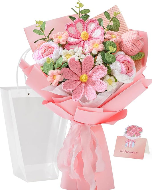 Alecono Crochet Flower Bouquet, Pink Knitted Flowers, Crochet Tulip Galsang Flower for Lover Anniversary Birthday Party Mother's Day Graduation Gifts (Include Card)