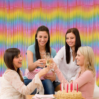 Pastel Rainbow Foil Fringe Curtains, 2Pcs 3.2x8.2ft Metallic Tinsel Foil Streamers Colourful Photo Booths Props Backdrop for Easter Princess Birthday Wedding Engagement Party Decorations
