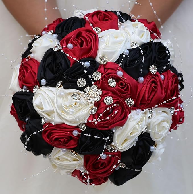 Bridal Wedding Bouquet Round Bling Brooch Bouquet Throw Toss Artificial Rose Flower Bunch for Bride Bridesmaid Wedding Quinceanera(Ruby Red, Black & Ivory, 9.8")