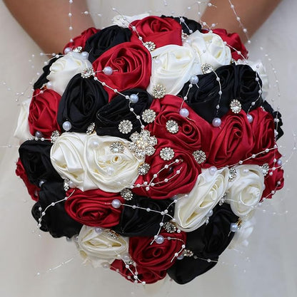 Bridal Wedding Bouquet Round Bling Brooch Bouquet Throw Toss Artificial Rose Flower Bunch for Bride Bridesmaid Wedding Quinceanera(Ruby Red, Black & Ivory, 9.8")