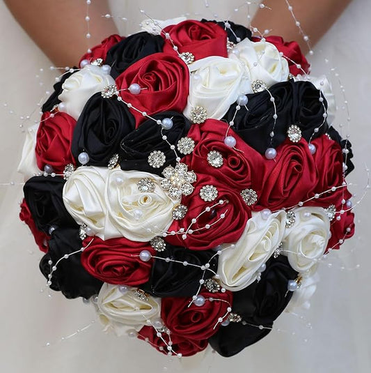 Bridal Wedding Bouquet Round Bling Brooch Bouquet Throw Toss Artificial Rose Flower Bunch for Bride Bridesmaid Wedding Quinceanera(Ruby Red, Black & Ivory, 9.8")