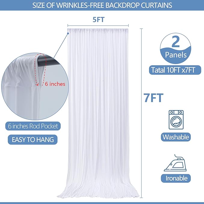 Wrinkle Free White Backdrop Curtain for Parties 10x7ft Soft Fabric Drapes Wedding White Curtain Backdrop for Birthday Party Decorations Background for Photography 5x7ft, 2 Panels