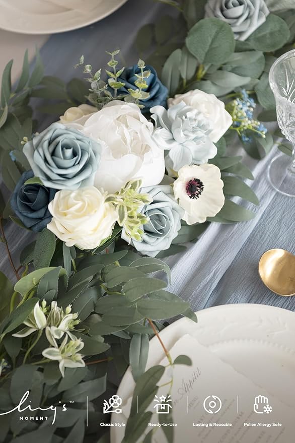 Ling's moment Flower Garland - 6FT Eucalyptus & Rose - Sweetheart Table Decor for Wedding Reception, Artificial Arch Floral Garland for Mantle, Christmas, Beach Decoration, Dusty Blue & White