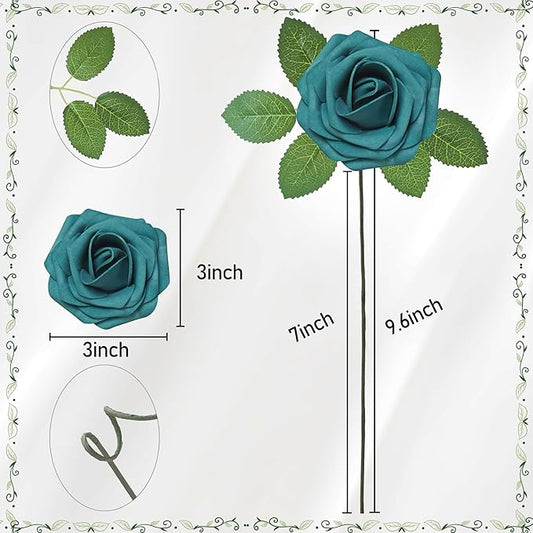 Artificial Flowers, 25pcs Artificial Rose for DIY Wedding Bouquets Centerpieces Arrangements,Shades of Terracotta and Dark Teal Foam Roses with Stem for Party Home Decorations