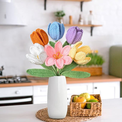 Dremisland Crochet Flowers 6PCS Crochet Tulips Finished Handmade Knitted Flowers Crocheted Bouquets Pastel Floral Gift for Mothers Girls Friends Teacher Gifts for Women,Graduation Flower Home Decor