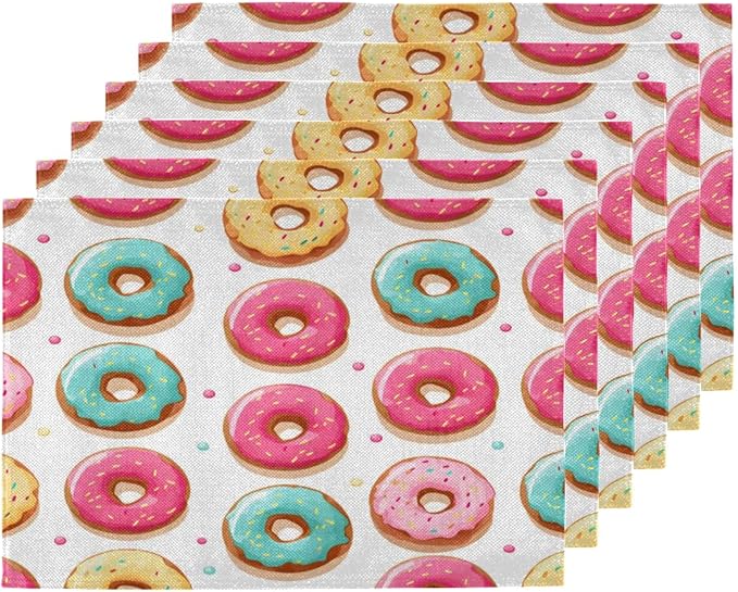 Sweet Doughnuts Placemats Set of 6, Washable Linen Place Mats, Colorful Donut Pattern Table Mats for Kitchen Dining Table Decor Heat Resistant Tablemats 12x18