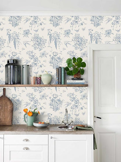 Cream White and Blue Peel and Stick Wallpaper Vintage Floral Contact Paper 16.9"x 393.7" Blue Floral Wallpaper Peel and Stick Birds Self Adhesive Removable Wall Paper for Bedroom Bathroom
