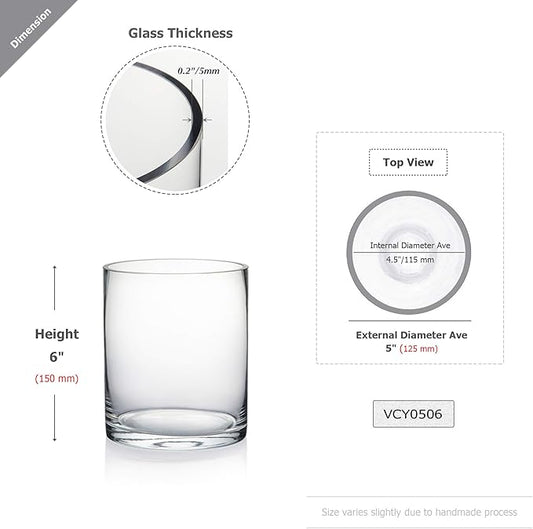 WGV Cylinder Vase, Diameter 5", Height 6", Clear Glass Floral Planter Container, Floating Candle Holder for Wedding Party Event Home Office Decor, 1 Piece