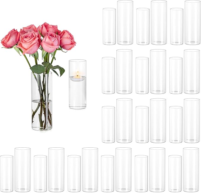Hewory Glass Cylinder Vases for Centerpieces: 32PCS Clear Flowers Vases Bulk for Floating Candle Bouquet - Hurricane Candle Holders for Wedding Table Birthday Party Decorations