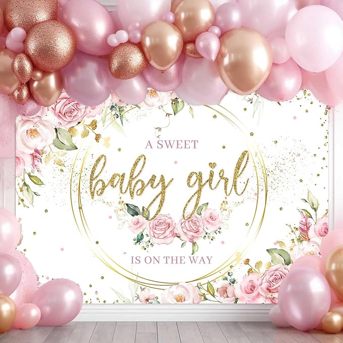 Sensfun Floral It's a Girl Baby Shower Backdrop A Sweet Baby Girl is On The Way Background Pink Flower Golden Loop Baby Shower Party Cake Table Decorations Banner Photoshoot Props (7x5ft)