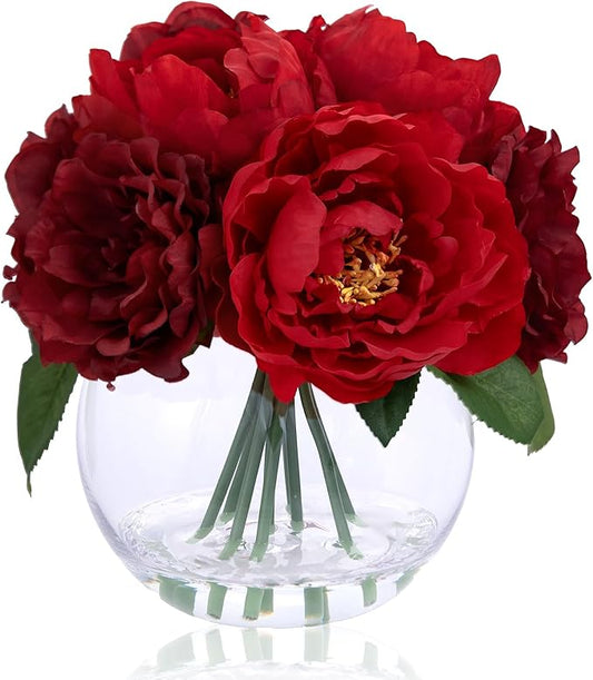 WELL KNOWN Artificial Flowers in Vase, Silk Peonies Flowers for Vase with Faux Water, Fake Flower Arrangements for Thanksgiving Fall Winter Coffee Dinning Table Centerpieces Decor (Burgundy Red)