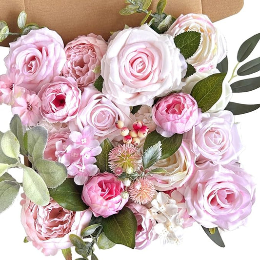 Blush Pink Artificial Flowers Combo Box Set Light Pastel Silk Roses with Stems DIY Bridal Wedding Bouquets Cake Fake Floral Arrangements Baby Shower Party Table Centerpieces Spring Home Decor Bulks