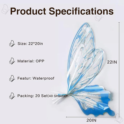LLBWKC 20 Sets Butterfly Flower Wrapping Paper, Waterproof Butterfly Flower Bouquet Wrapping Paper, OPP Clear Floral Wraps for Florist Supplies, Gift Packaging, DIY Craft 20x22 in (Blue)