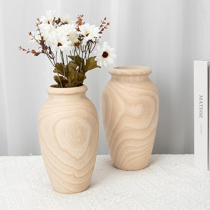 9" Tall Handmade Wooden Flower Vase, Large Wood Vase Decoration for Flower Arrangement Home Decoration
