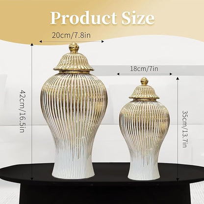 Ginger Jar, White Gold Ceramic Vase Large Handmade Porcelain Vases with Lid, White Gold Decorative Flower Vase for Home, Living Room, Weddings, Centerpieces (B-Large)