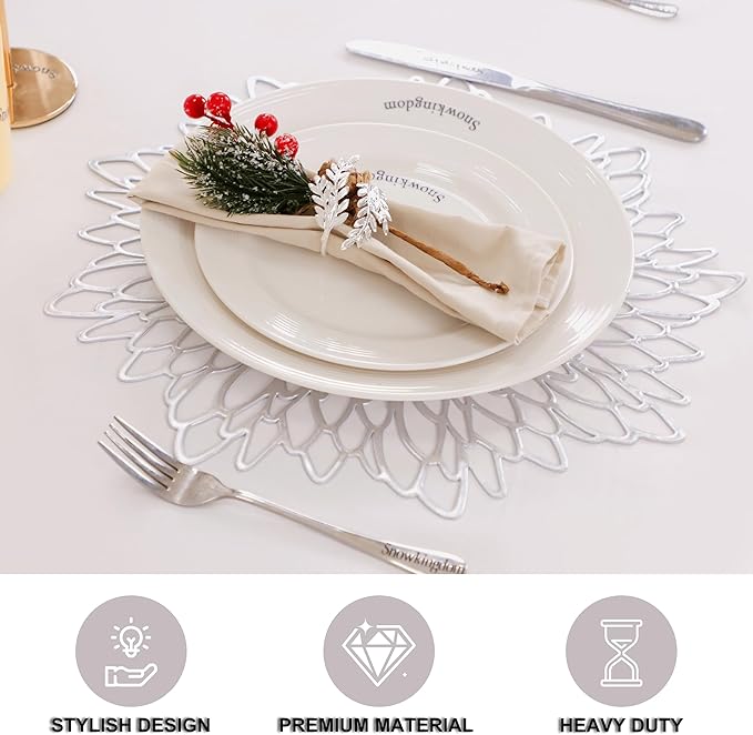 Snowkingdom 6 Pack Silver Placemats Metallic Glitter Pressed Vinyl Dinning Table Mats Decorative Round Leaf Charger for Winter Holiday Thanksgiving Christmas
