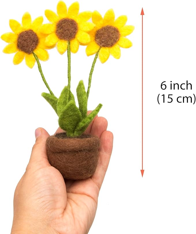 Glaciart One Wool Felt Sunflower in Pot – Handmade Knitted Flowers, Fake Plant Decor for Office Desk, Teacher Gifts, Graduation Presents, Home Decoration