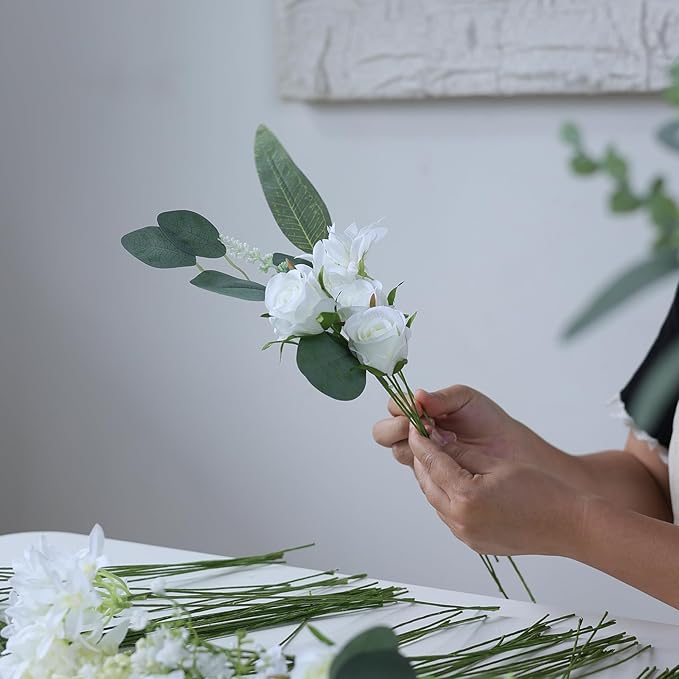 VIERENA Artificial Greenery Stems Box Set(Pack of 75pcs) with 8 Kinds of Faux Plants and Fake Flowers for DIY Wedding Bouquet Table Centerpieces and Floral Arrangement (White&Green)