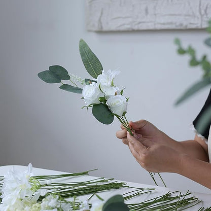 VIERENA Artificial Greenery Stems Box Set(Pack of 75pcs) with 8 Kinds of Faux Plants and Fake Flowers for DIY Wedding Bouquet Table Centerpieces and Floral Arrangement (White&Green)
