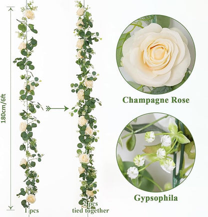 TOCHGREEN 4Pcs(26 Ft) Artificial Eucalyptus Flower Garland with Champagne Rose Flowers,Faux Rose Vine Gypsophila,Floral Greenery for Party Wedding Table Decor (Champagne, 4PCS)