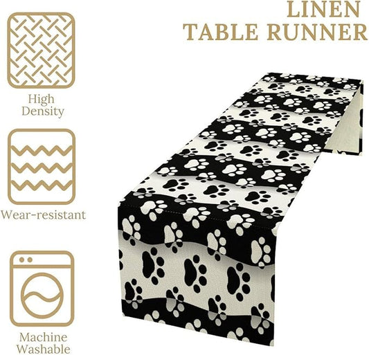 Dog Paw Table Runner,Kid Cute Animal Footprint Black White Theme Design Print Tablecloth Burlap for Hotel Indoors Outdoor Dining Room Kitchen Home Decor,W13X L60 in
