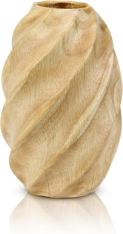 AeraVida 6-Inch Mango Tree Wood Oval Flower Vase with Spiral Carved Design | Light Brown Modern Tabletop Vase | Decorative Vintage Farmhouse Style for Home, Office, or Event Decor