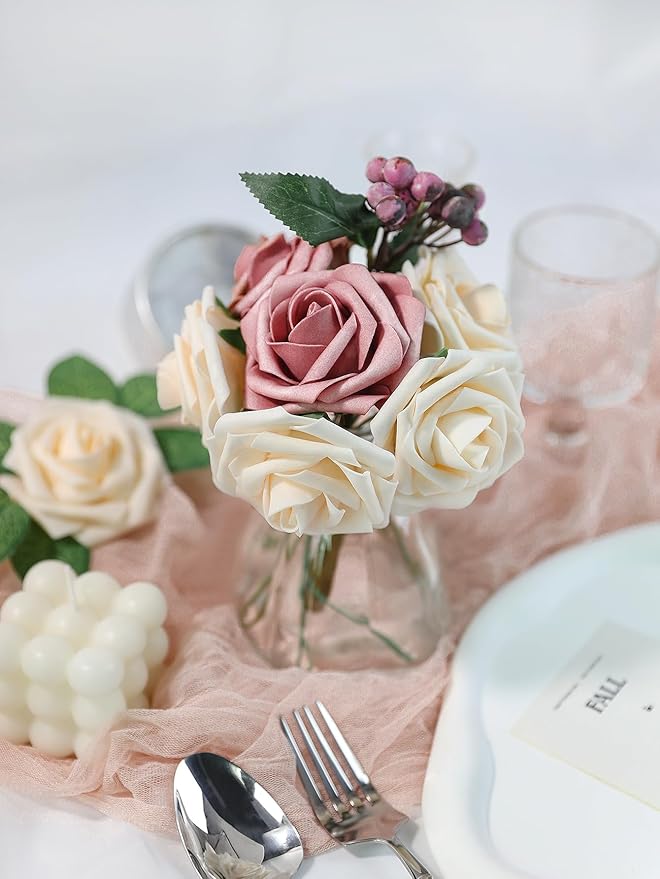 Meldel Artificial Flower Rose 50pcs Real Looking Champagne Fake Foam Roses with Stems for DIY Wedding Bouquets Gifts Bridal Shower Faux Floral Centerpieces Arrangements Home Party Tables Decorations