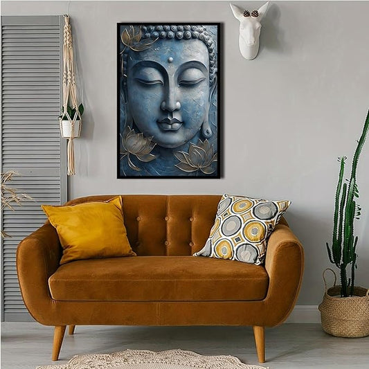 Canvas wall art Golden lotus crown Serene Buddha poster Ethereal blue toned art with delicate floral decor Zen wall art for a tranquil meditation space 12x18in Metal blackFramed
