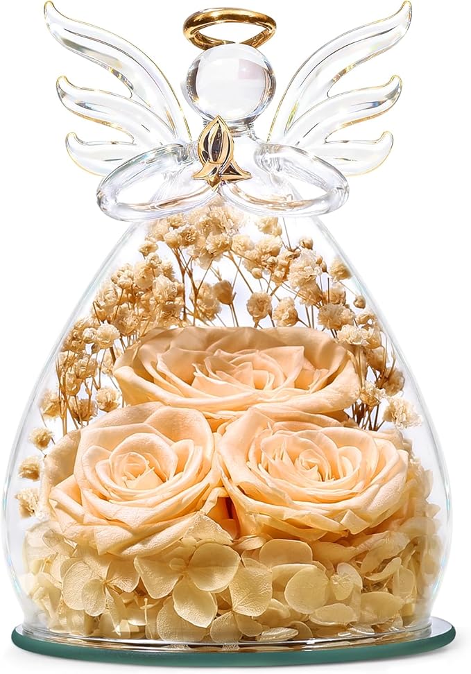 Beferr Christmas Birthday Gifts for Women, Mom Gifts for Christmas Fresh Flowers for Delivery Prime Forever Preserved Rose in Glass Angel Figurine Xmas Gifts for Grandma Wife Sister Her, Champagne