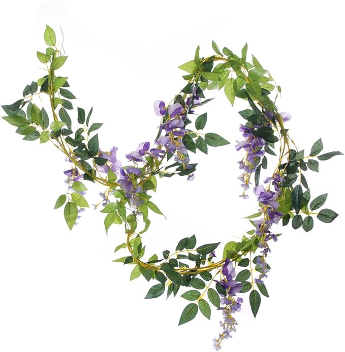 2Pcs 6.6Ft Artificial Flowers Vines Silk Wisteria Artificial Garlands Fake Hanging Green Leaf Flower Ivy Vines for Home Garden Wedding Arch Decor, Purple