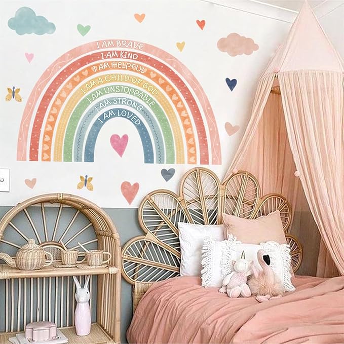 Large Rainbow Wall Stickers Kids Inspirational Wall Decal Peel and Stick Boho Rainbow Walls Decals for Baby Girls Bedroom Pastel I Am Motivational Art Mural for Nursery Playroom Decor 44.5"x73.4"