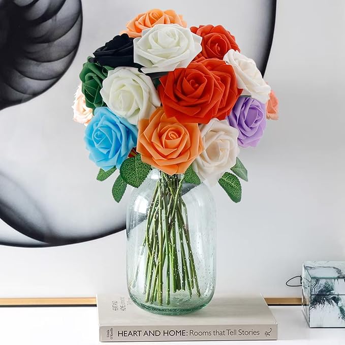 [25PCS] Orange Roses Artificial Flowers with Long Stem Real Touch Fake Foam Roses for Decoration DIY Wedding Bouquets Centerpieces Bridal Shower Flower Arrangements Home Decor