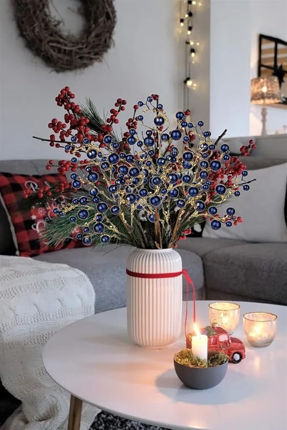 Hollyone 4 Pack Artificial Christmas Glitter Berries Stems, 19 Inch Fake Blue Holly Berry Picks with Ice Snow for Christmas Tree Wreath Floral Arrangements Holiday Home Vase DIY Crafts Decor