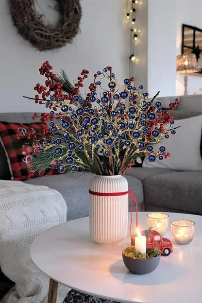 Hollyone 4 Pack Artificial Christmas Glitter Berries Stems, 19 Inch Fake Blue Holly Berry Picks with Ice Snow for Christmas Tree Wreath Floral Arrangements Holiday Home Vase DIY Crafts Decor